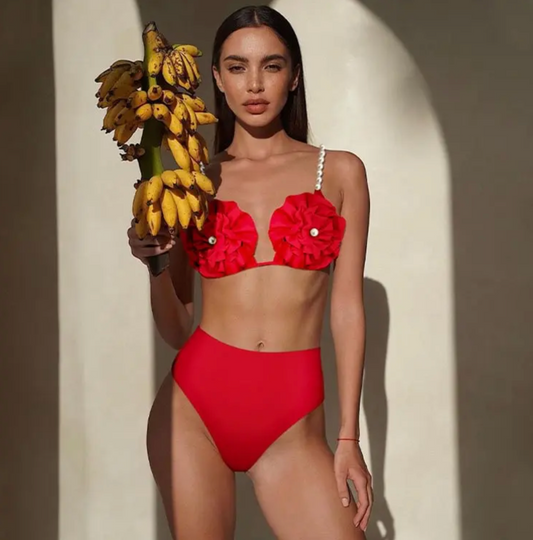 Floral Pearl Bikini Bottom Red