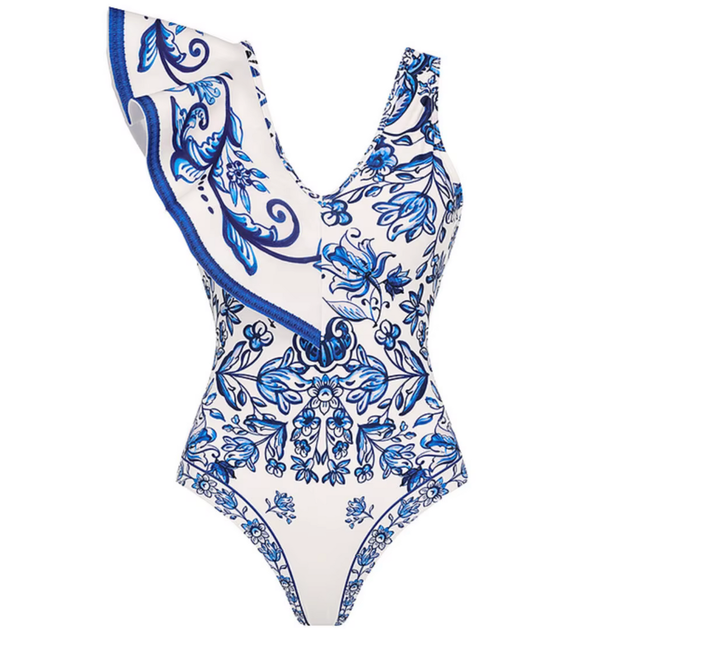 Ruffle One Shoulder Swimsuit Blue & White