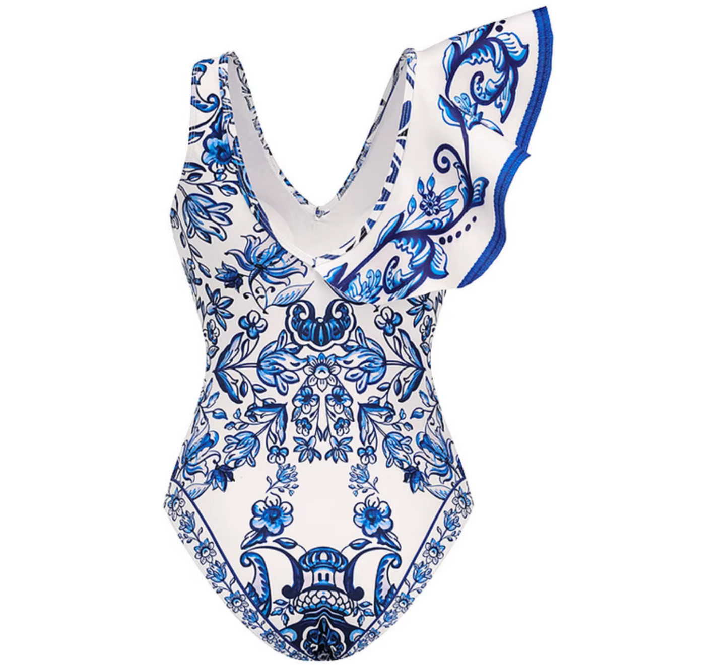 Ruffle One Shoulder Swimsuit Blue & White