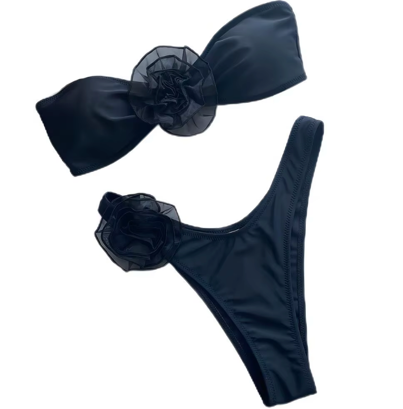 Flower Bandeau Bikini Set Black