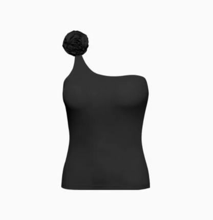 Morena Bela One Shoulder Flower Top Black