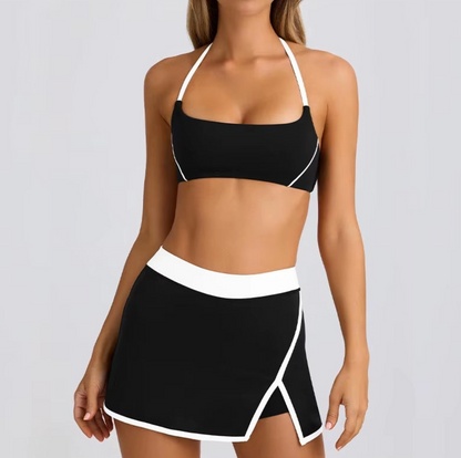 Soft Stretchy Tennis Bra and Skirt Set Black