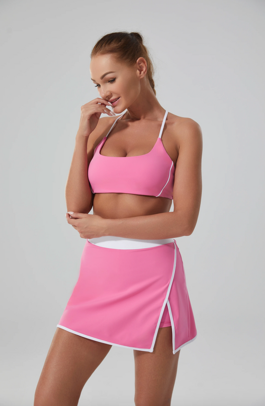 Soft Strechy Tennis Bra and Skirt Set Pink